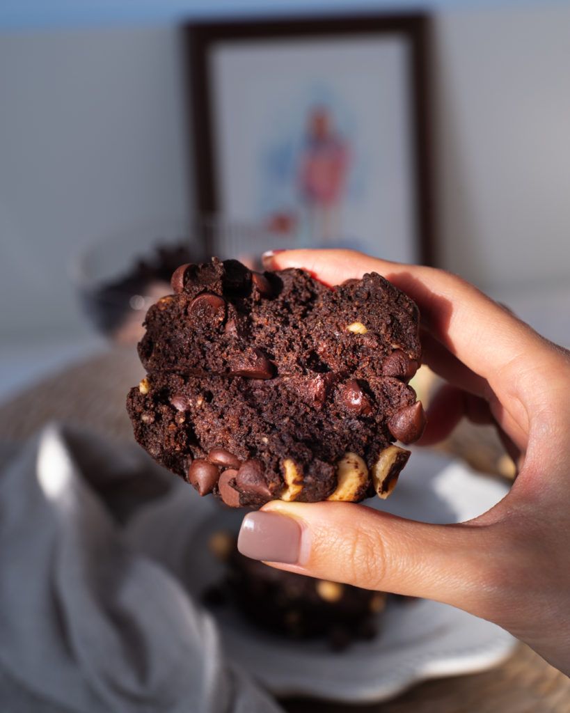 Keto vegan NYC-style chocolate cookies with chocolate chips and hazelnuts
