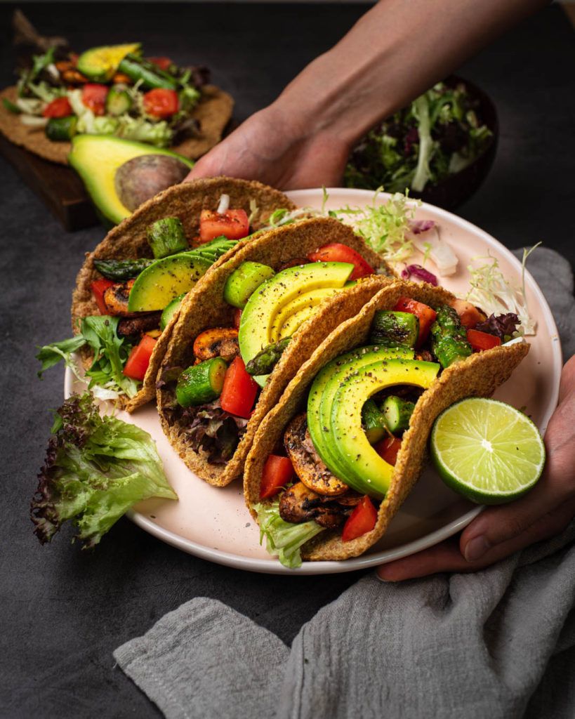 Soft keto tortillas made with flaxseed meal filled with veggies