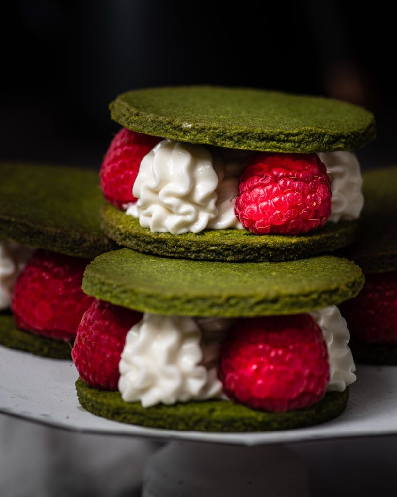 Soft keto vegan matcha cookie sandwiches with coconut cream filling
