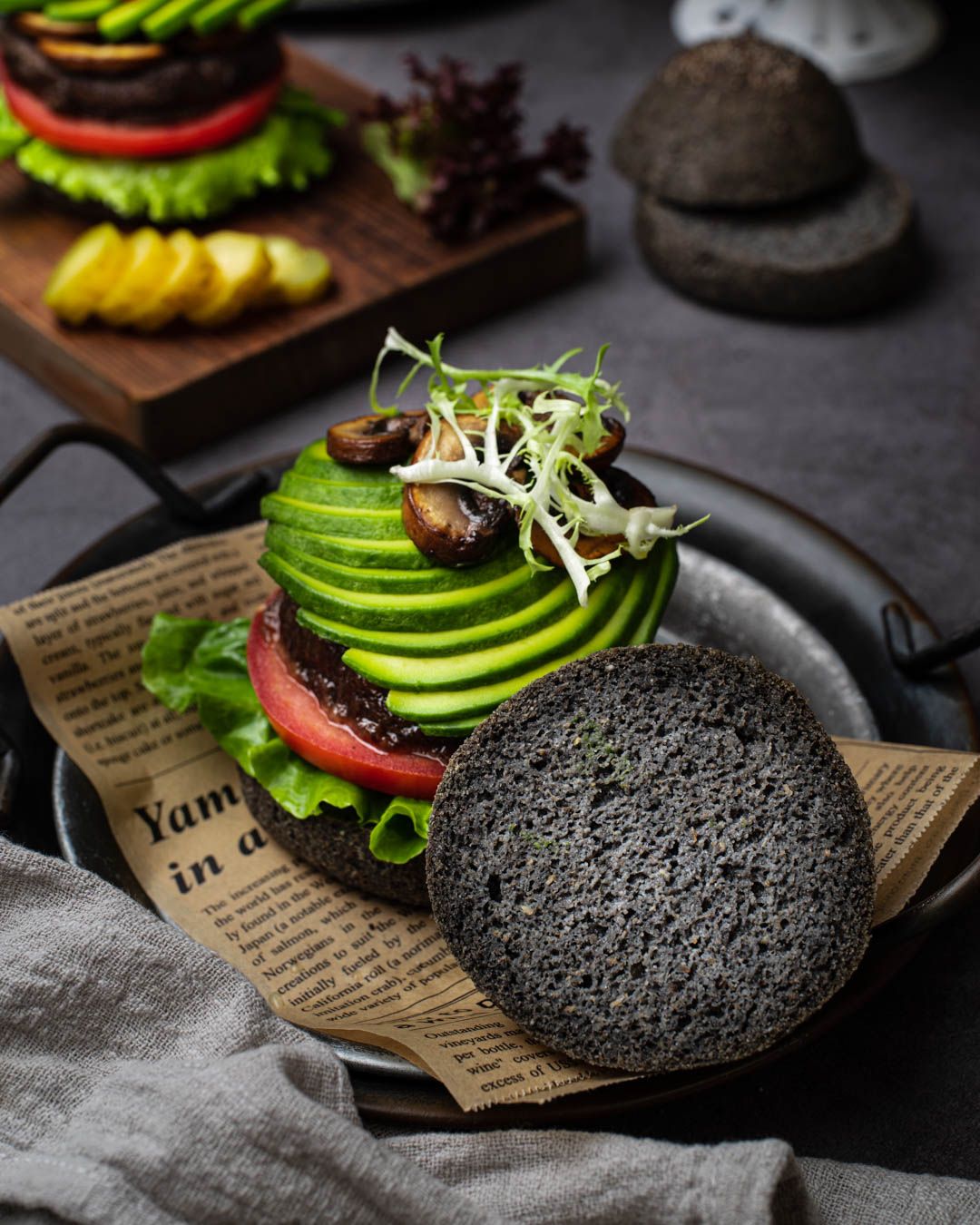 Soft vegan keto bread buns made with black sesame powder